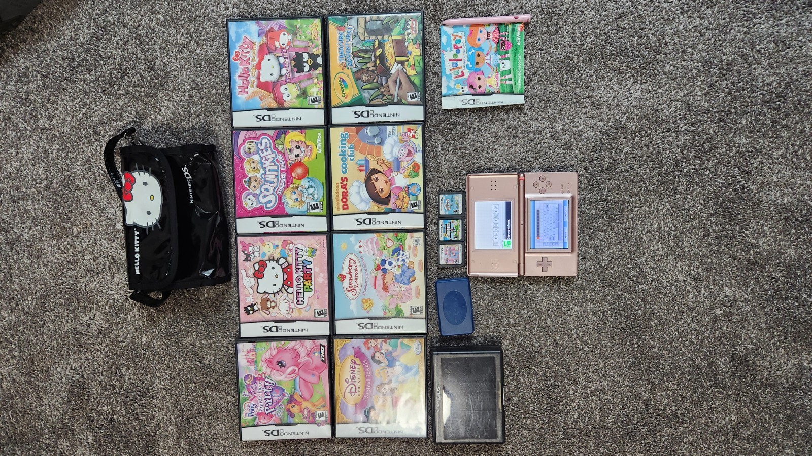 Nintendo DS Lite Metallic Rose Pink Console Bundle Hello Kitty Bag & 11 Games