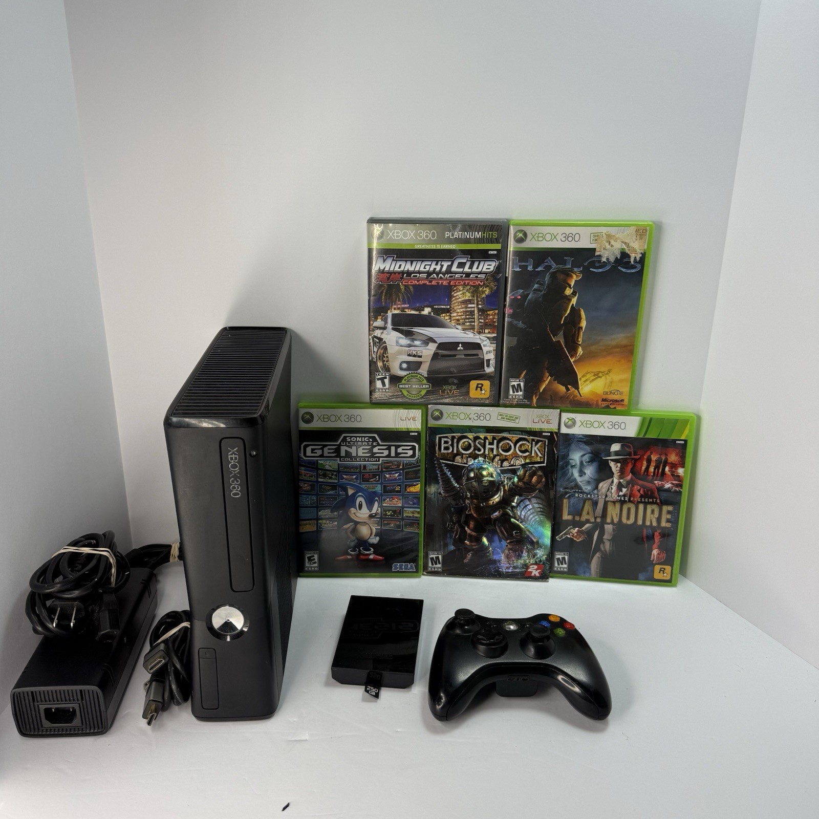 Microsoft Xbox 360 Black S 250GB Console Bundle w 5 🔥Games -Midnight Club, Halo