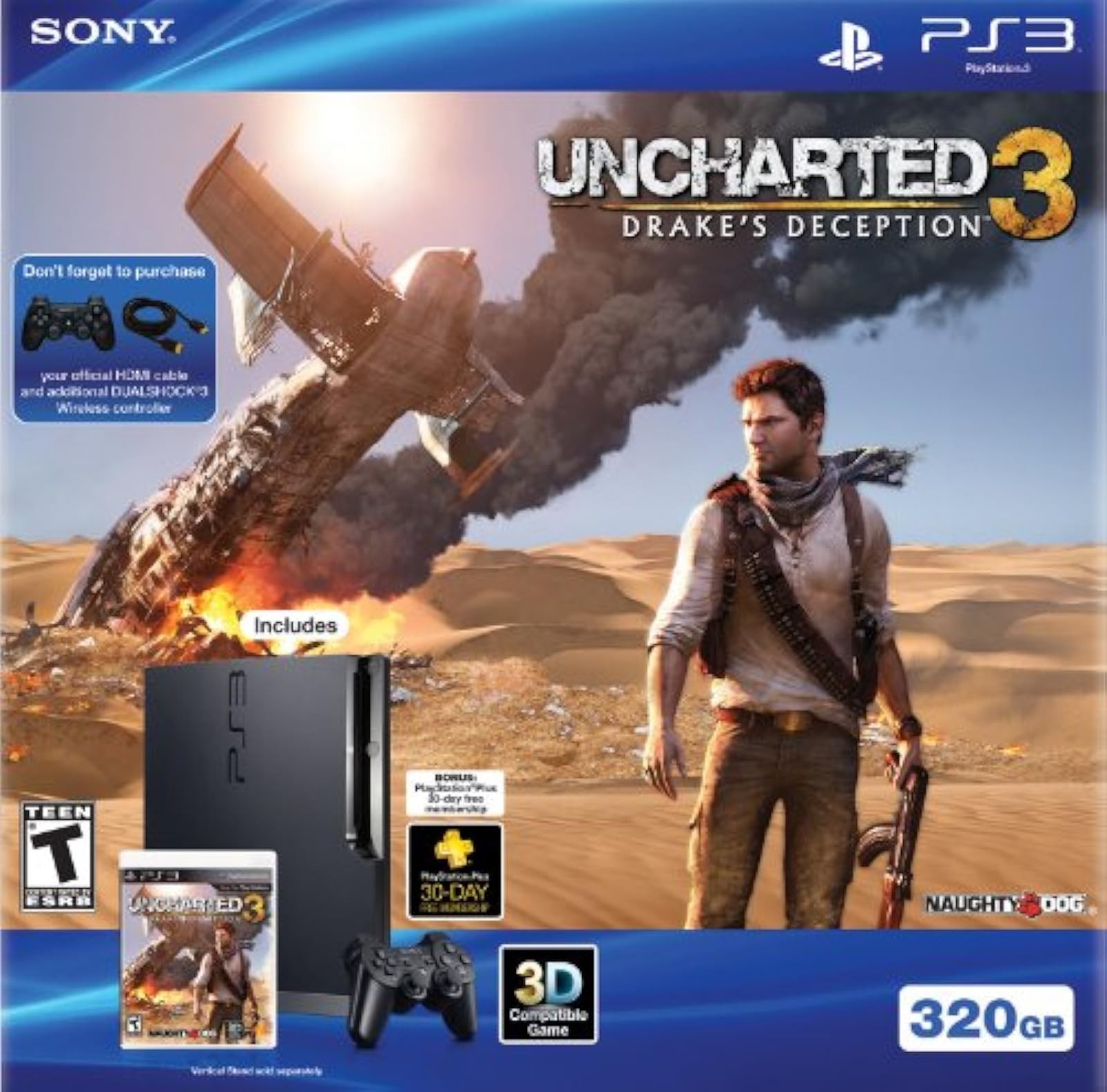 Sony PlayStation PS3 320GB Slim Uncharted 3 Bundle Very Good 1Z
