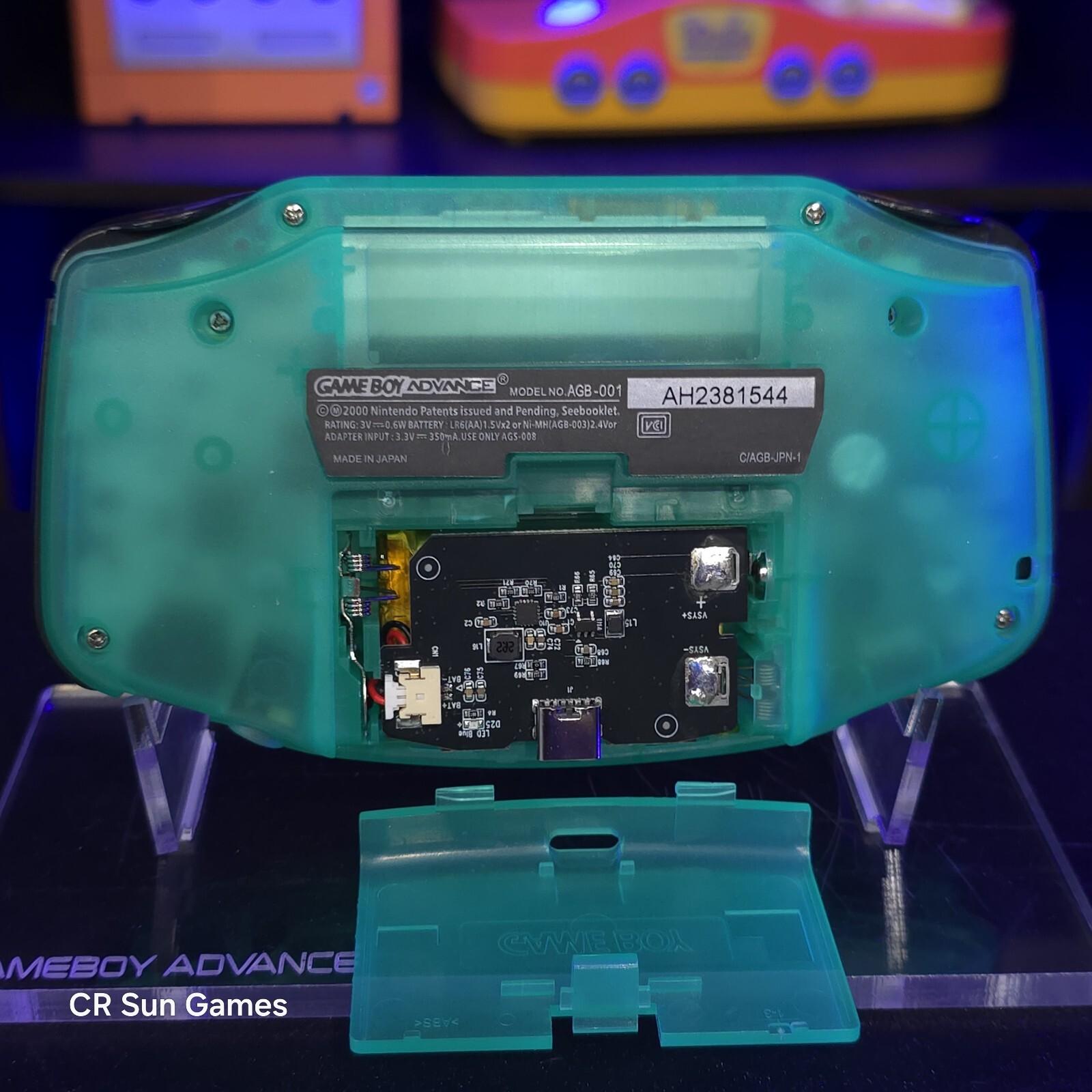 Clear Teal Glow Game Boy Advance GBA iPS LCD USB-C 1800 mAh Rechargeable Battery