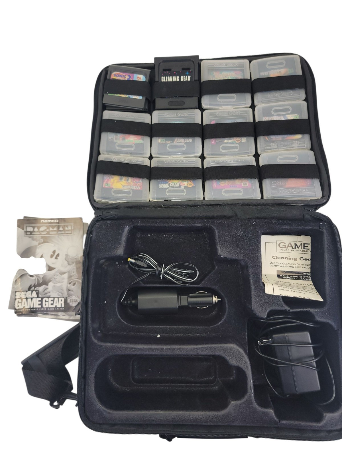 Sega Game Gear Lot 13 Games Cleaning Cartridge Plastic Cases Chargers & Case.