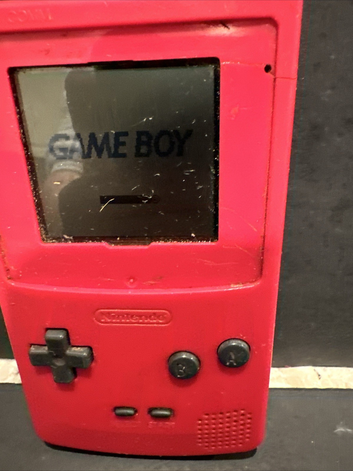 Nintendo Game Boy RED no battery cover and written ON WITH MARKER #R32