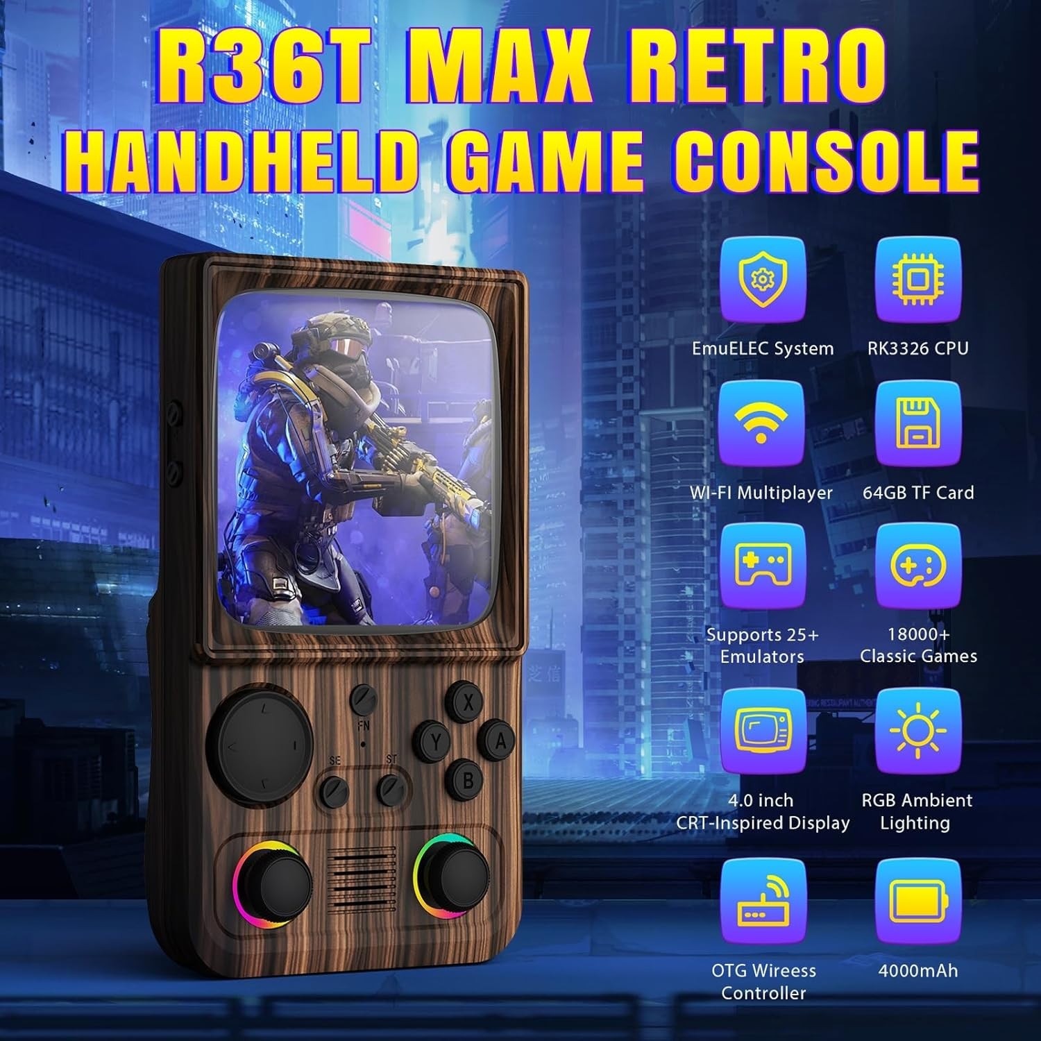 R36T MAX Upgraded Retro Handheld Game Console with 4000mAh Battery, 4.0» IPS Sc