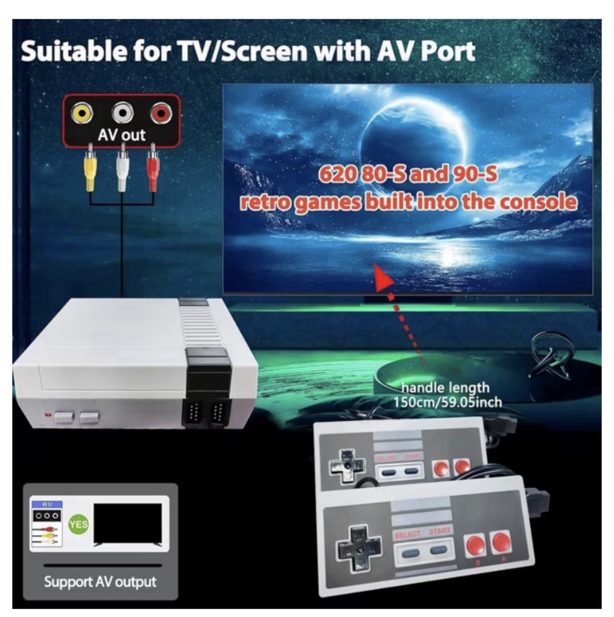Link Retro Mini Gaming Console Gray 620 Built-In Games 2 Controllers AV RCA