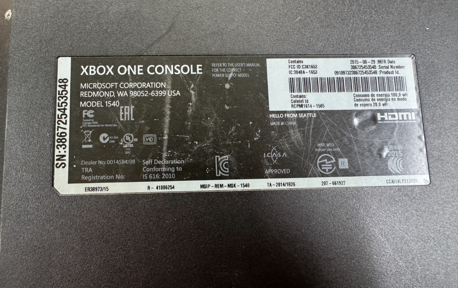 Microsoft Xbox One 500gb Console # 1540 w/ Controller, Cables & Game