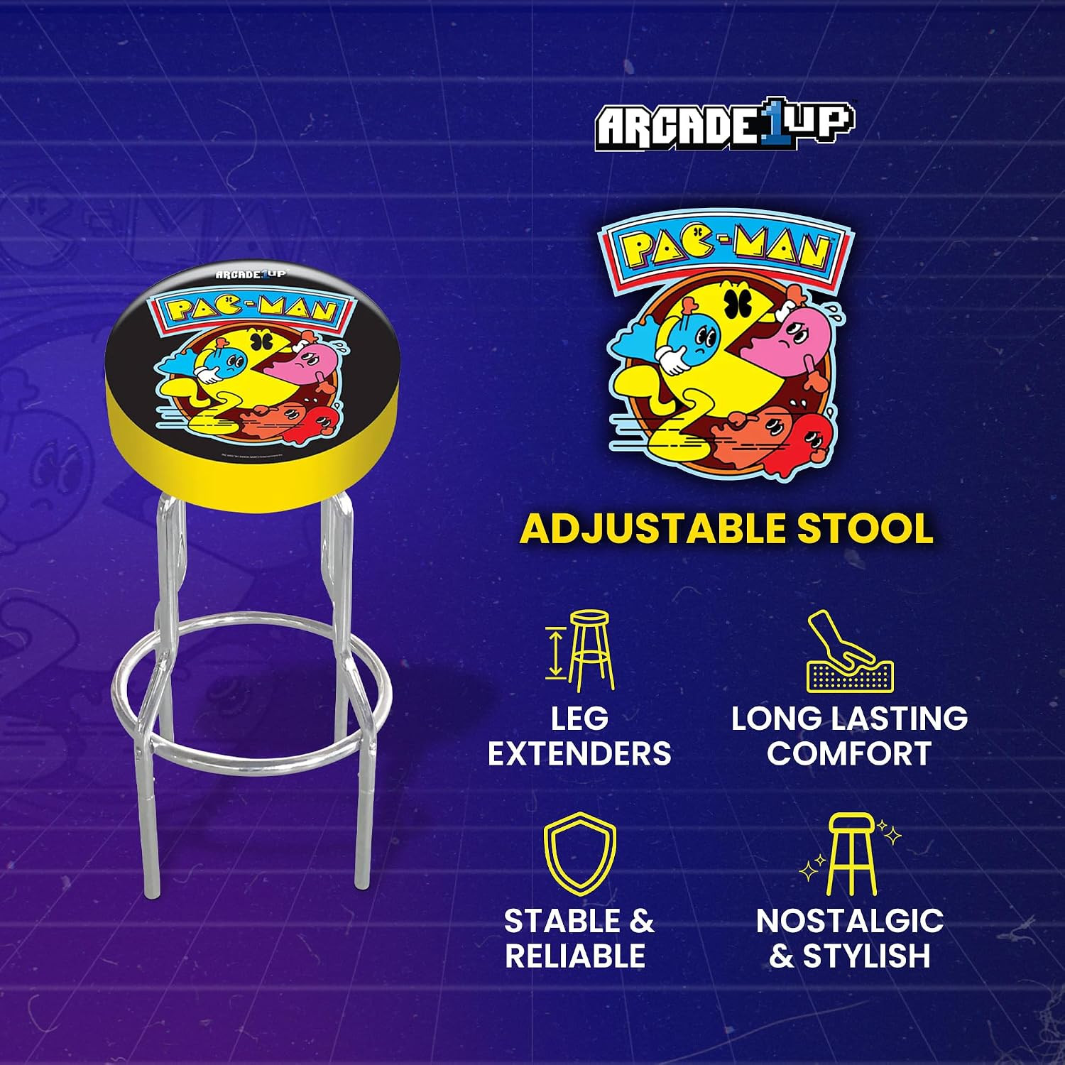 Arcade1Up Adjustable Padded Arcade Game Stool, Steel Frame, Pac-Man, 21.5″ to 29