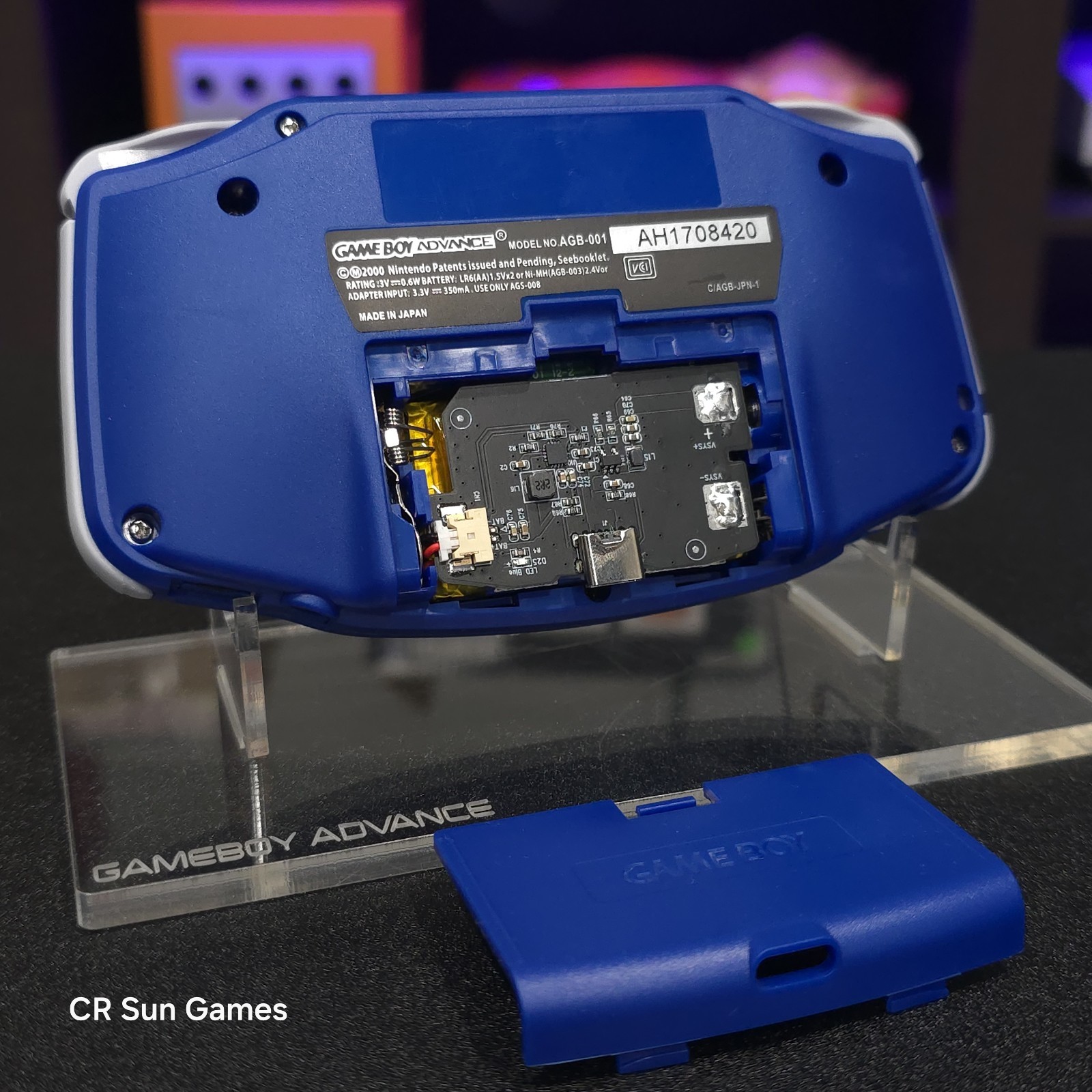 Blue Game Boy Advance GBA iPS V5 LCD USB-C 1800 mAh Rechargeable Battery