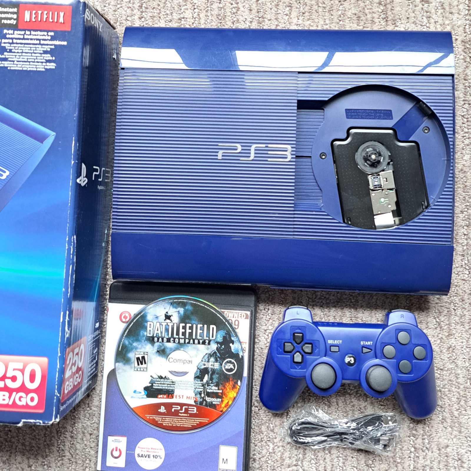 ✅Sony Playstation 3 PS3 Super Slim 250 GB Azurite Blue Console w Box *Low Hours*