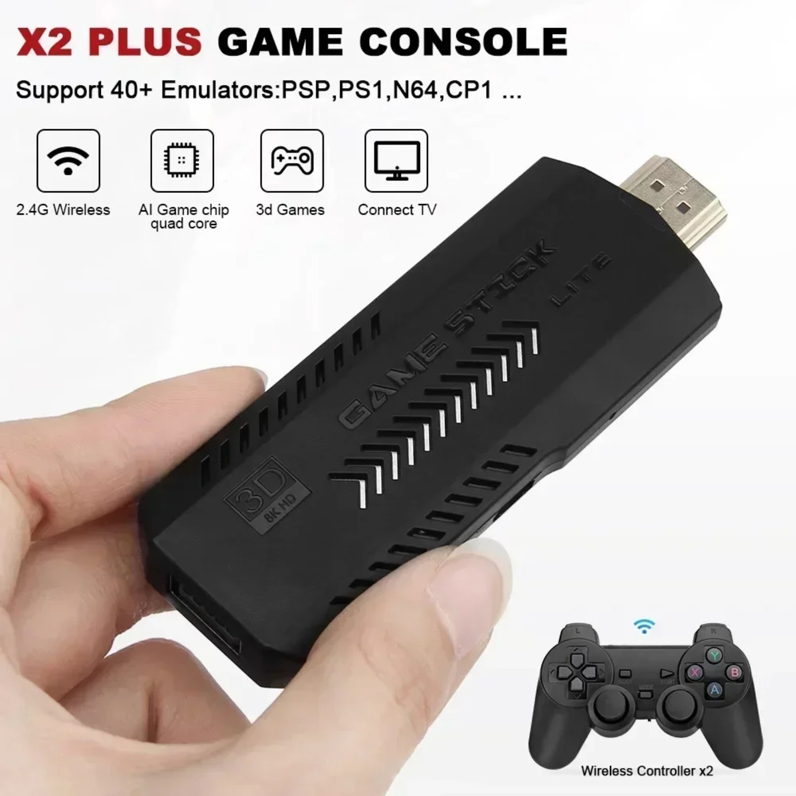 2026 X2 Plus 4K 2.4G Retro Game Stick 256G 50 Emulators PS1 N64 DC Wireless