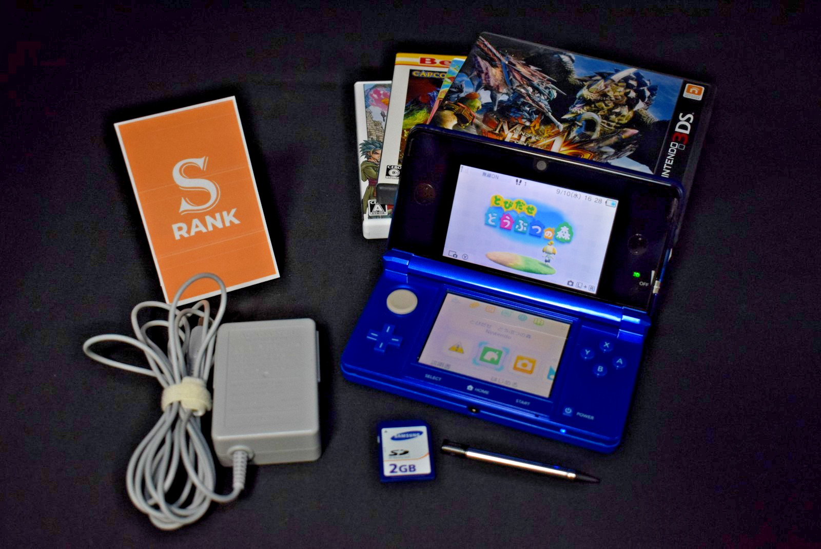 Nintendo 3DS Blue RANK S Software ×4, with charger, 2GB SD card From Japam