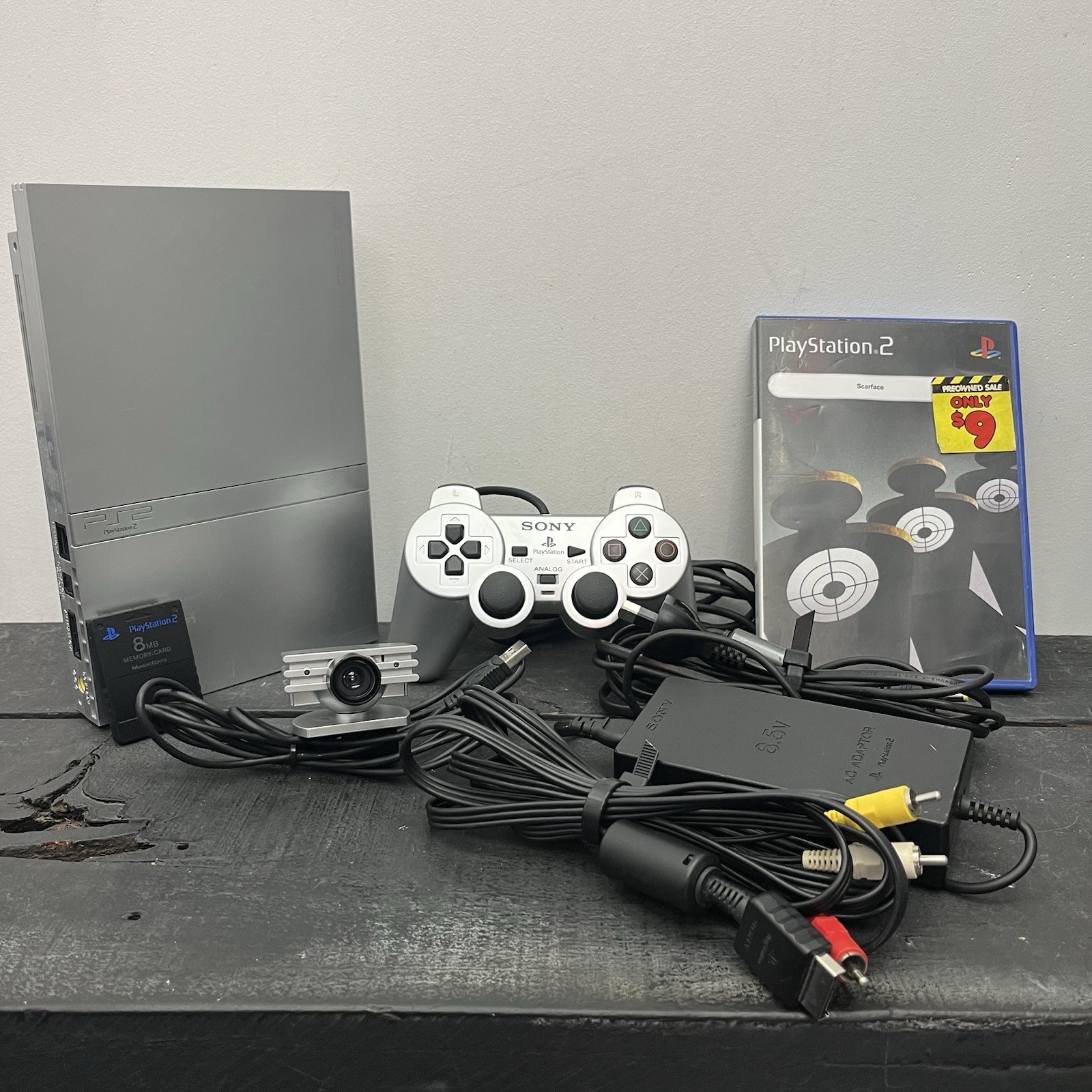 Sony Playstation 2 Slim Silver Console W.Game Controller 8MB Card & Leads TESTED