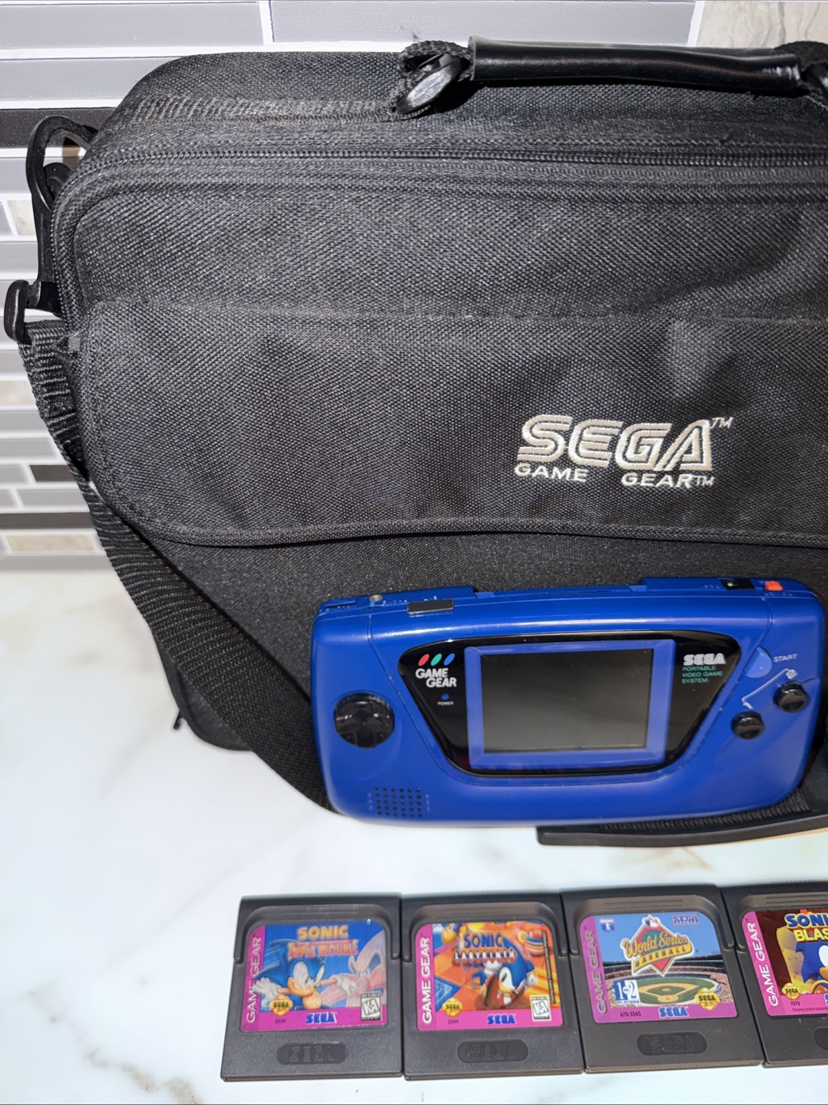 SEGA Game Gear Blue Console Bundle w/ Case & 4 Games Sonic & BB ⚾️ Repair/Parts