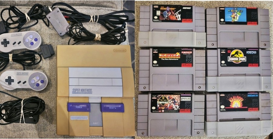 Vintage Super Nintendo SNES Console Bundle, 2 Ctrlrs, 6 GAMES **TESTED WORKS**