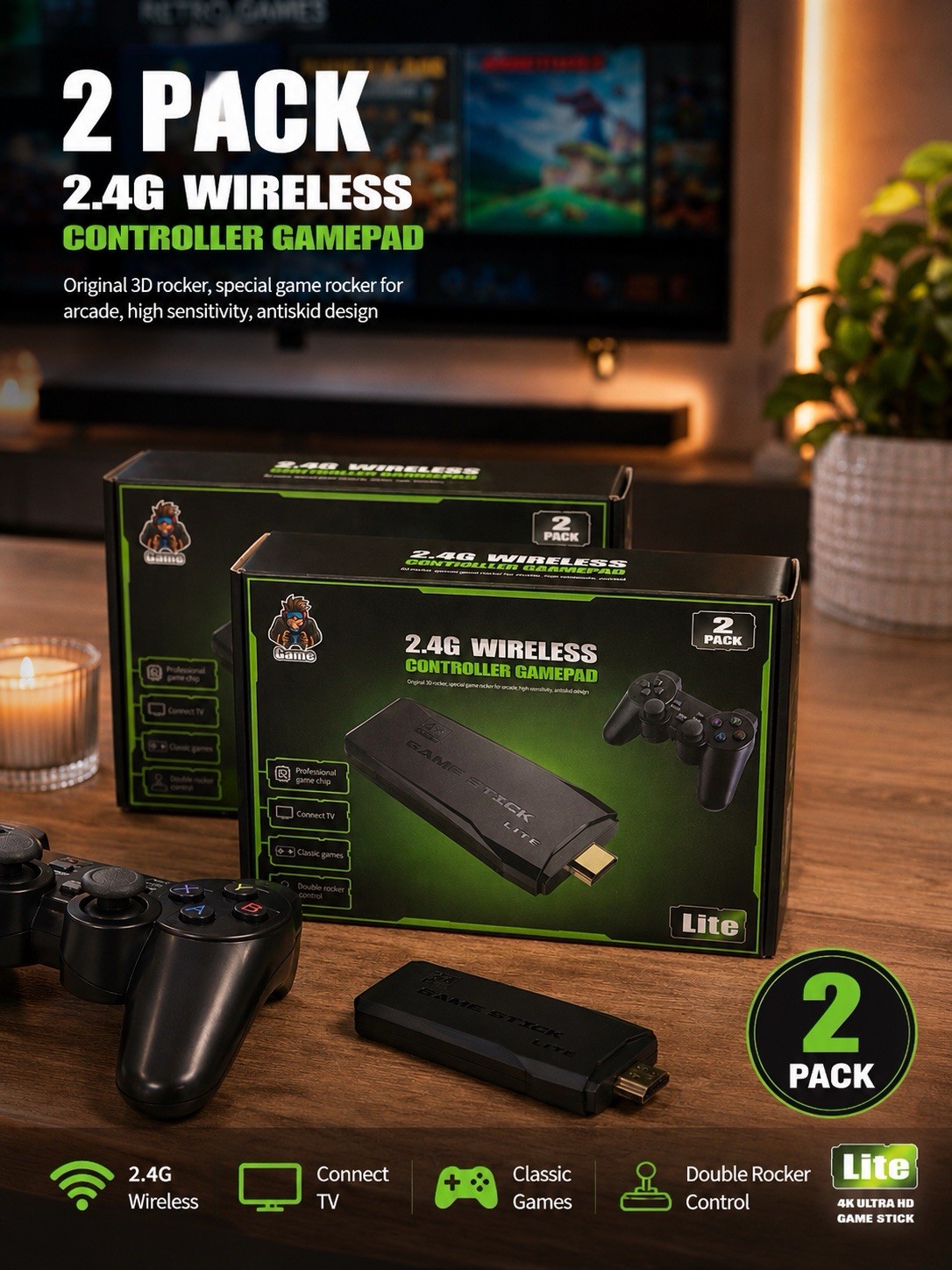 2 Pack 4K Game Stick Lite Console w/ 2 Wireless Controllers 2.4G HDMI Retro