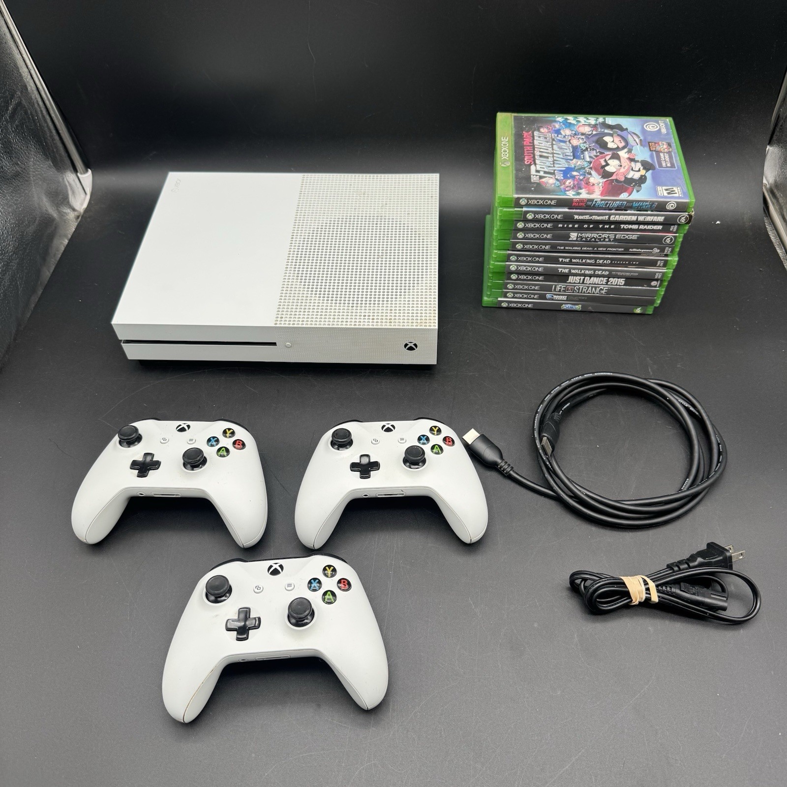 White Xbox One S Bundle W/ 3 Controllers 11 Games & Cords Tested And Working