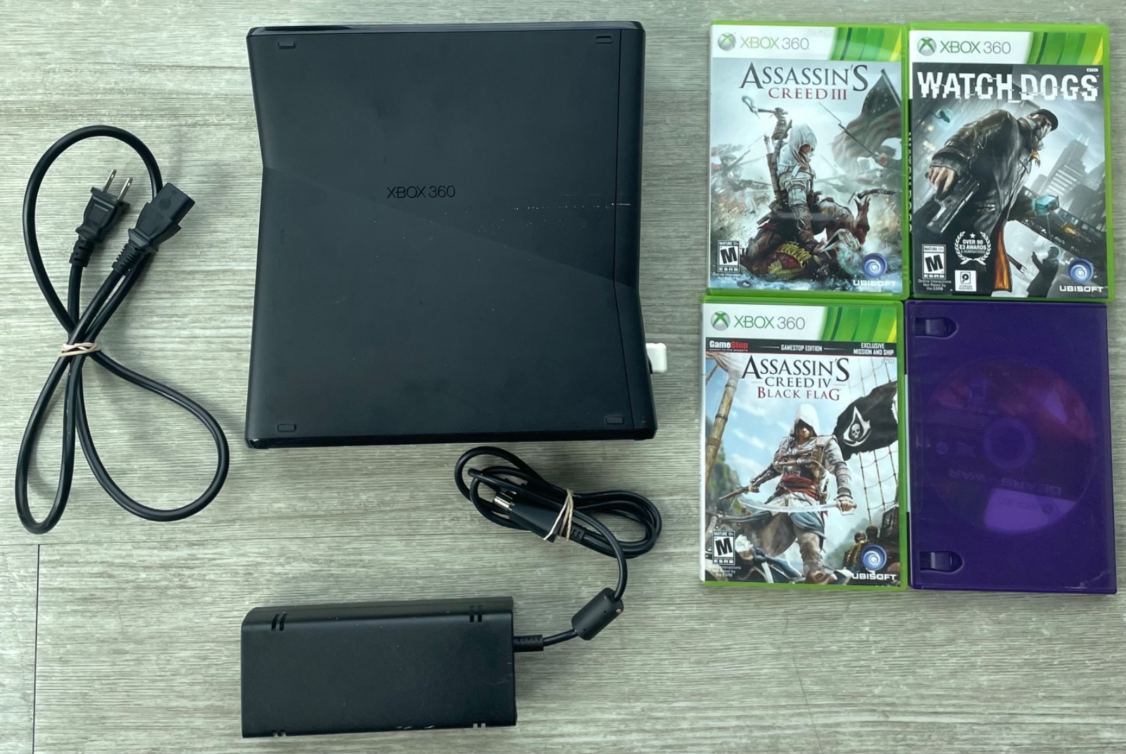 Xbox 360 S Slim Model 1439 Black Console w/ Power Supply, 4 Games – Tested