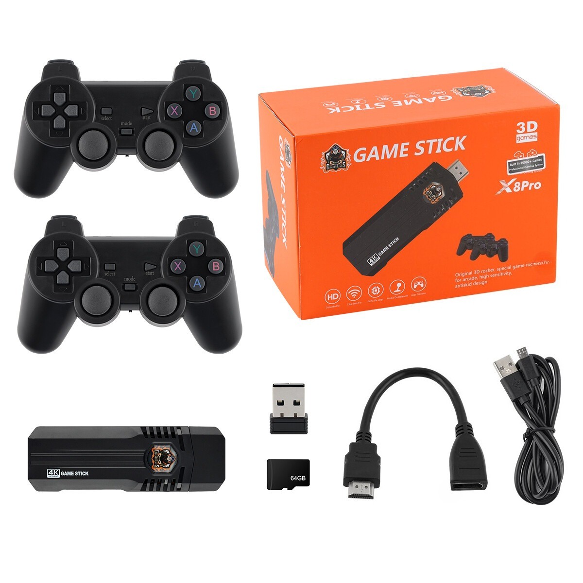 Wireless HDMI 4K TV Game Stick Console Built in 64GB 30000 Retro Games 2 Gamepad