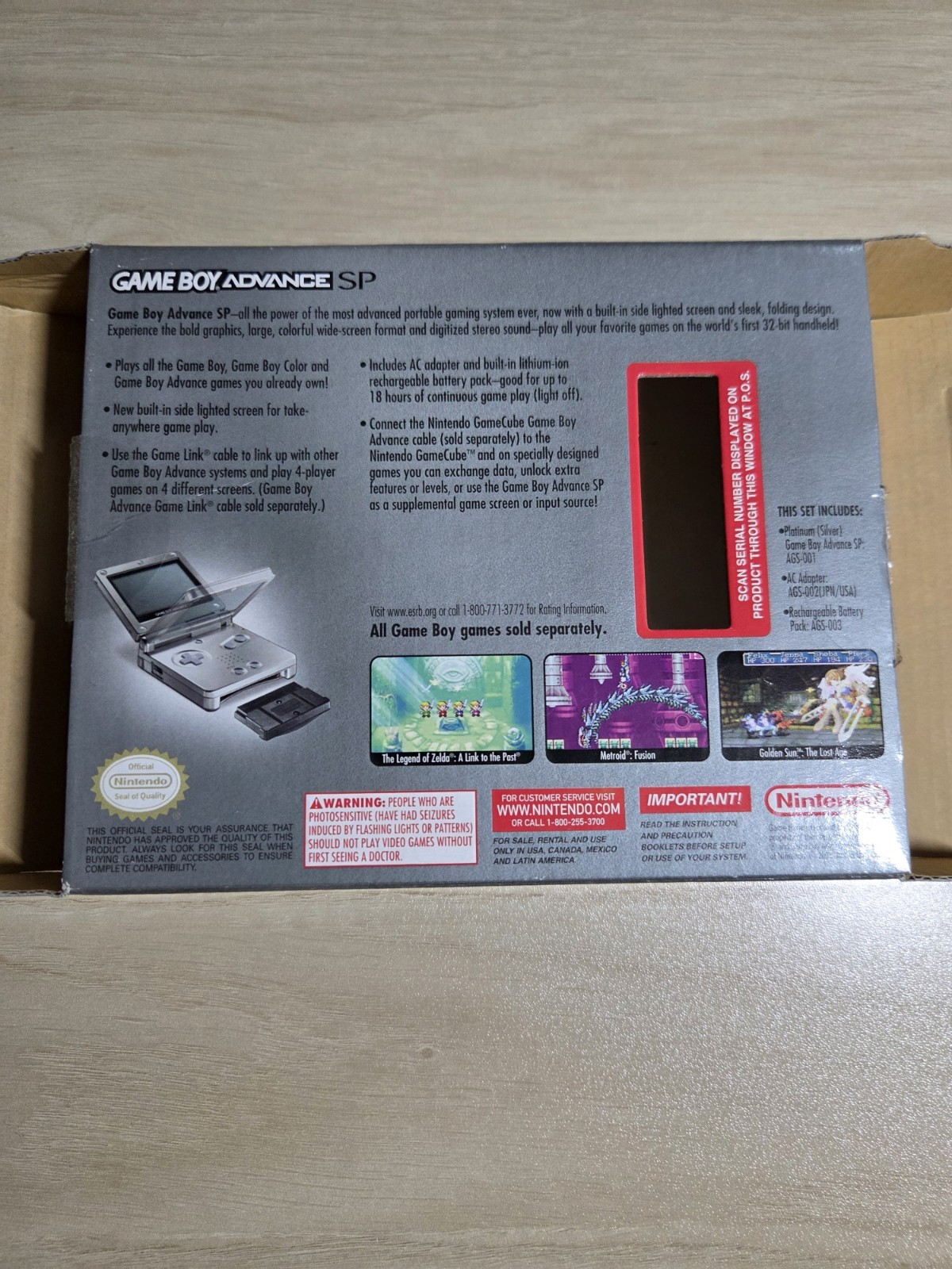 Platinum Nintendo Game Boy Advance SP (AGS-001) CIB with Pokémon Leaf Green