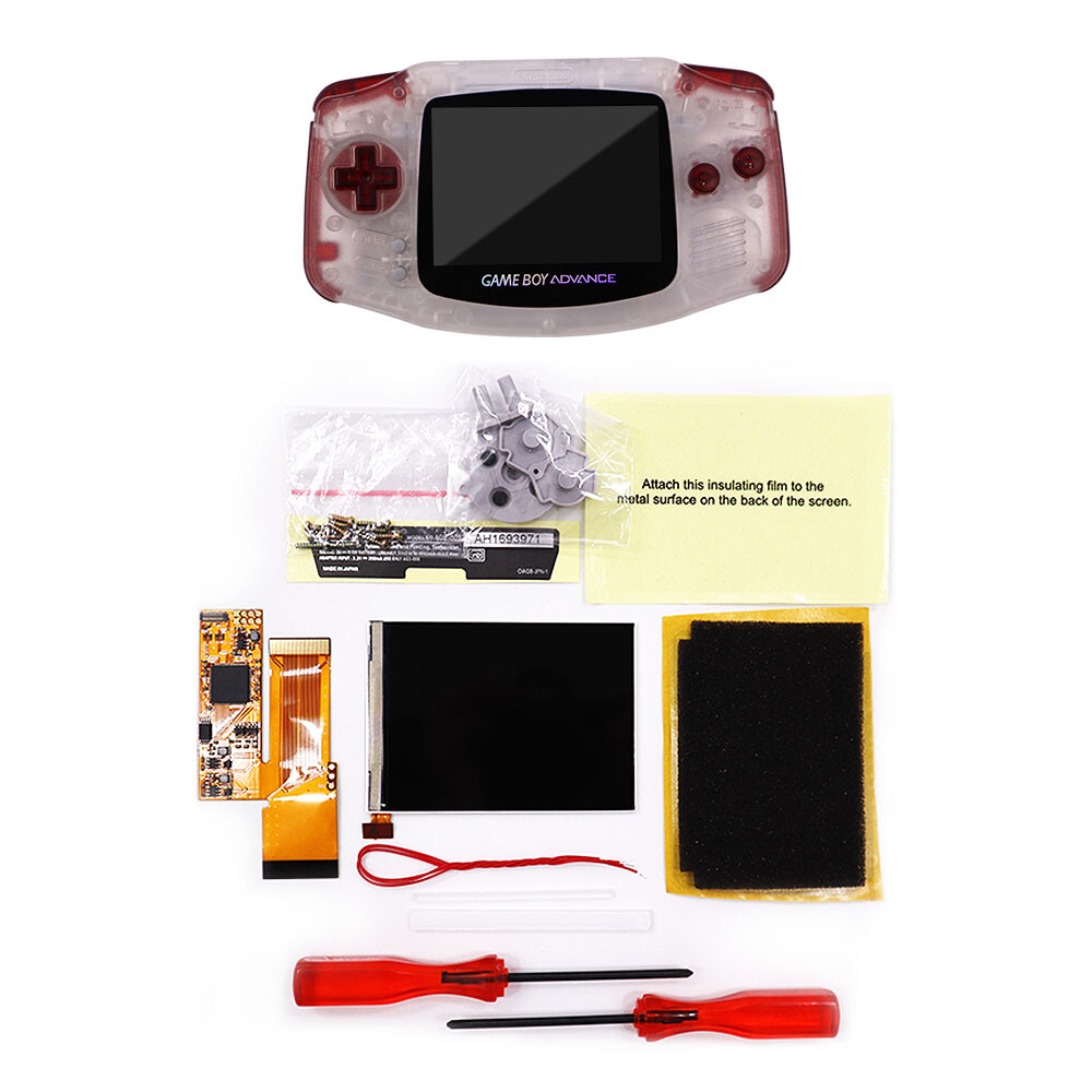 w/Clear Red Button GBA 10 Levels Brightness V2 IPS Backlight LCD Mod& Shell Case