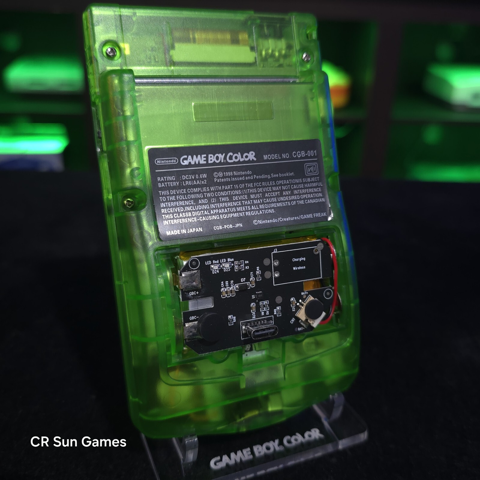 Clear Green Gameboy Color Console OLED Touch Screen & USB-C Rechargeable Battery