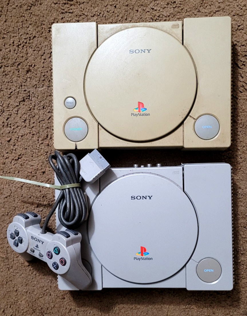 PS1 Bundle(2 consoles,1controller & RCA Cable)(All working).See notes&pics.