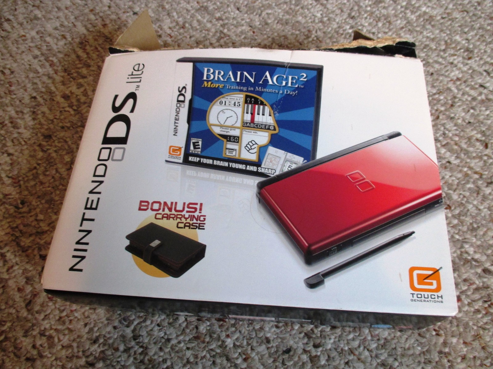 Nintendo DS Lite Crimson Red/Black System Brain Age 2 & Carrying Case Bundle