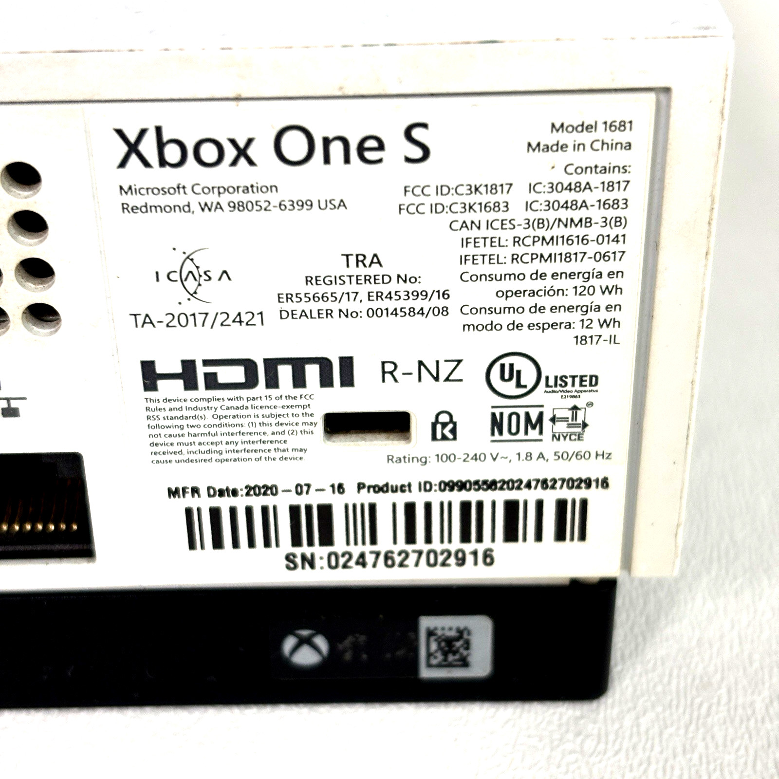 Microsoft Xbox One S 1681 White Console & Power Cord ONLY Parts/Repair