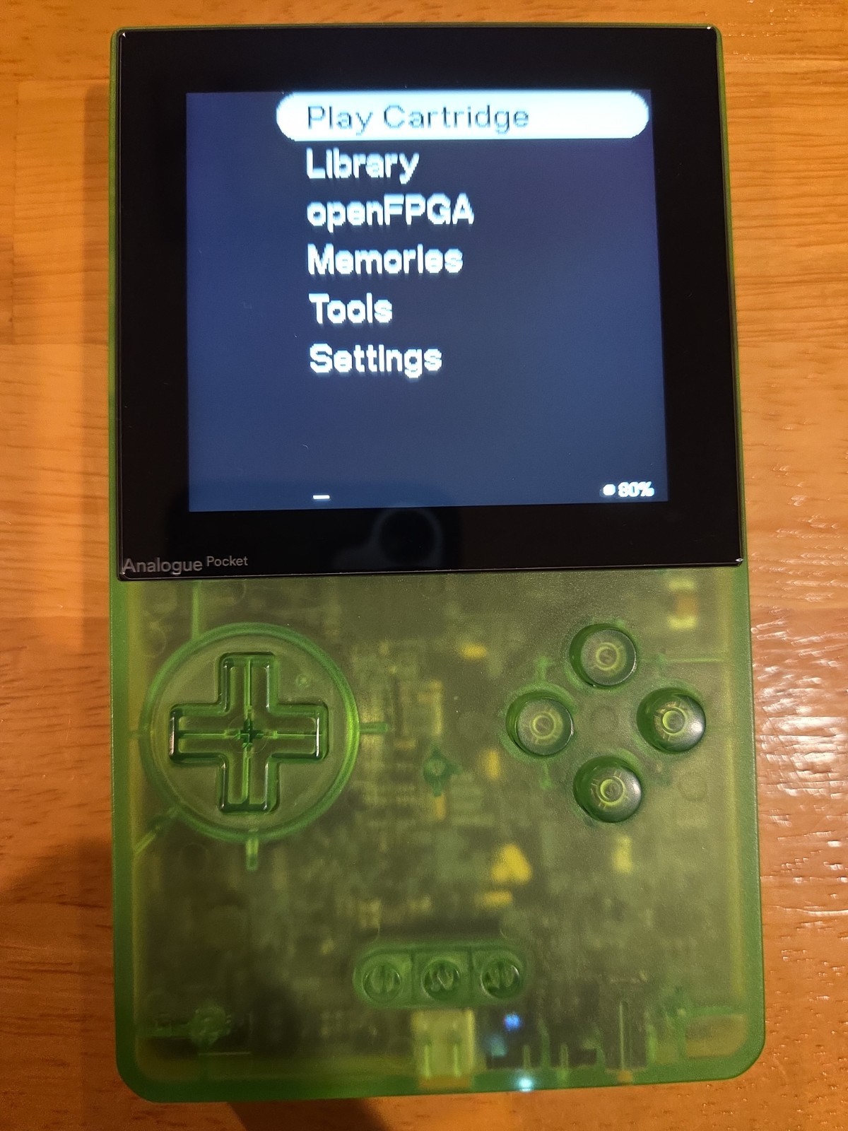 Analogue Pocket Transparent Green in Original Box – Gently Used. Hard Shell Case