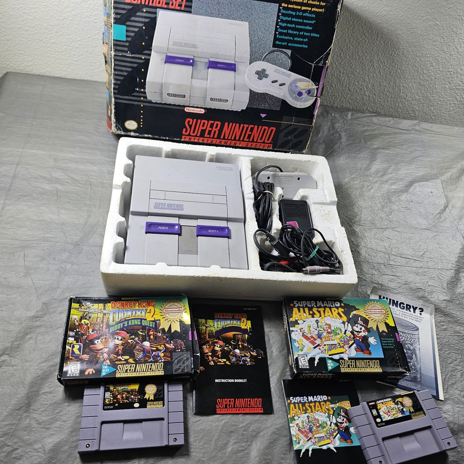 Super Nintendo SNES Console IN BOX Bundle W/ Super Mario All Star Donkey Kong 2!