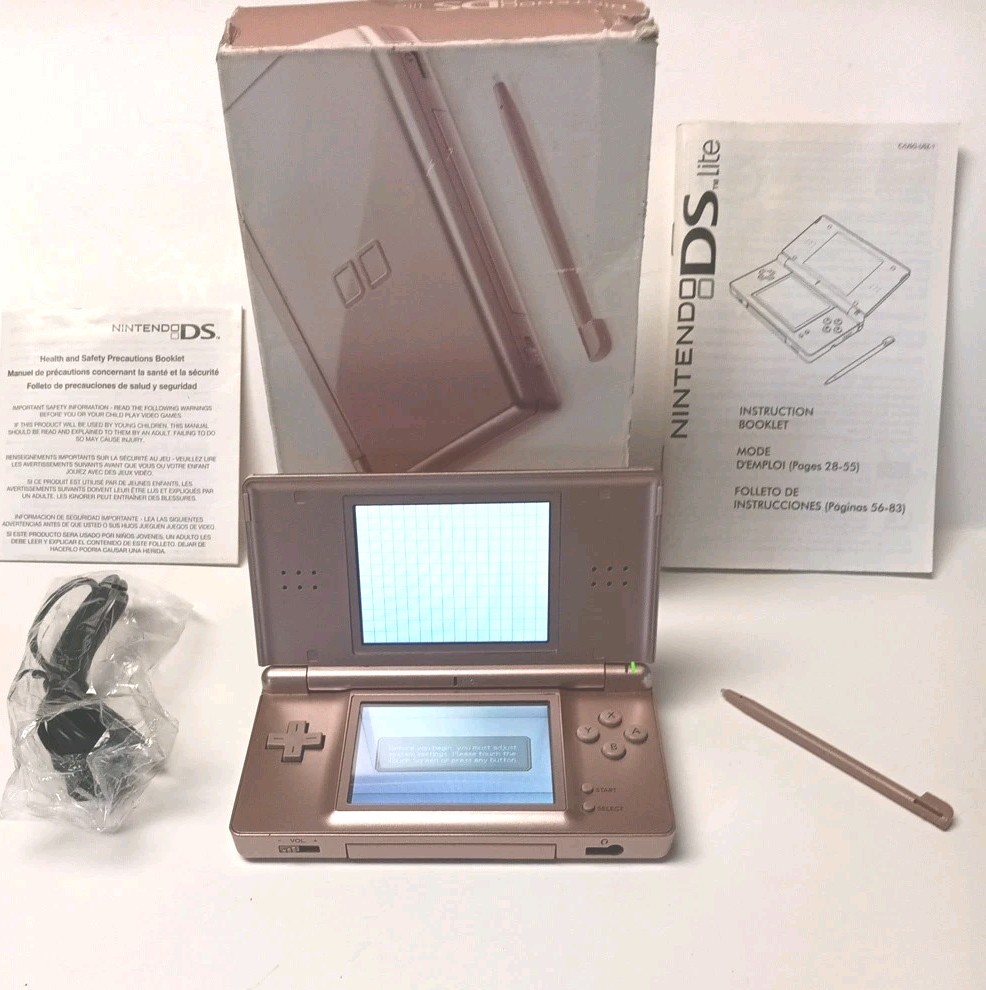 Nintendo DS Lite Metallic Rose Pink System And Adaptor No Charger Tested