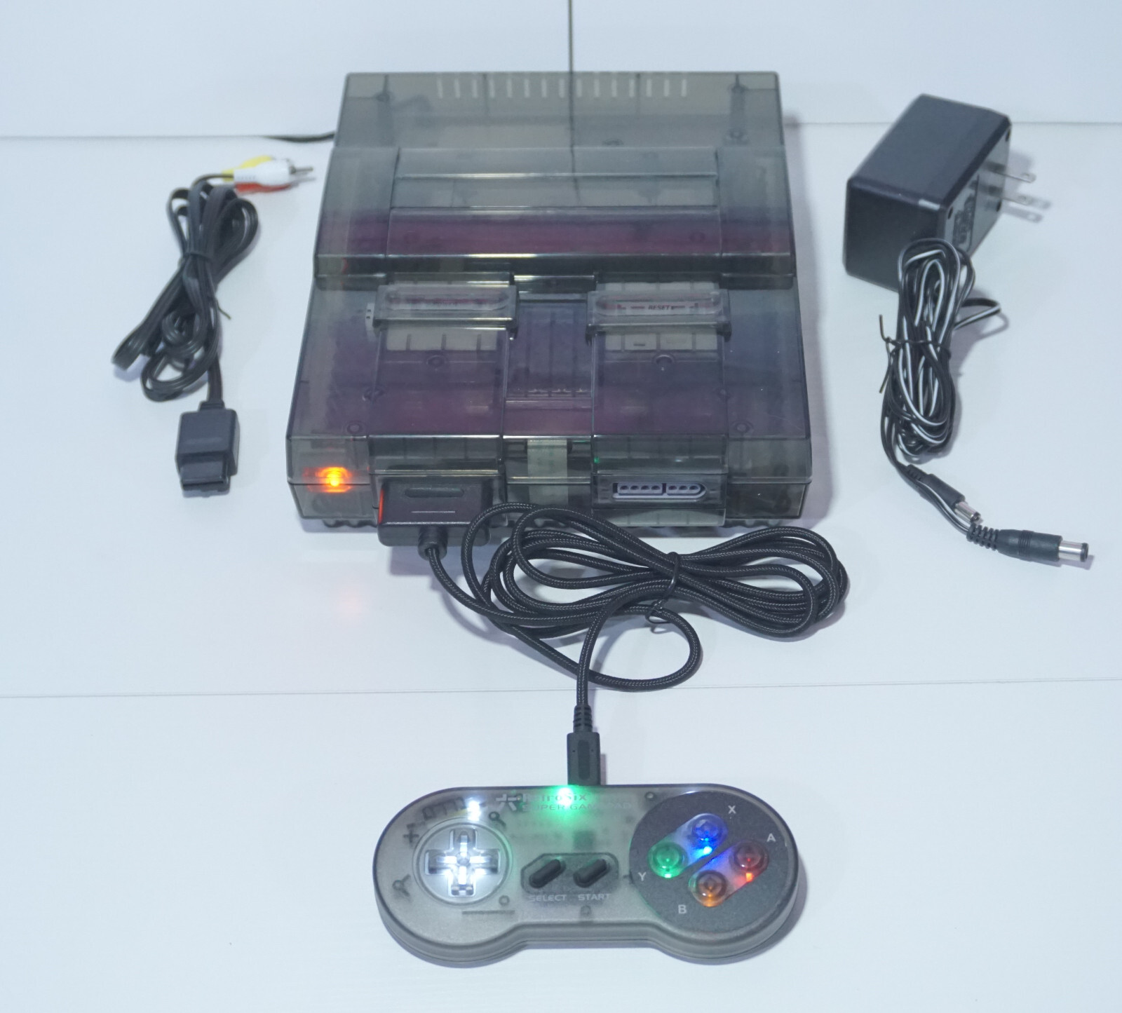 Transparent Clear Smoke Grey Super Nintendo SNES Game Console SNS-001 Orange LED