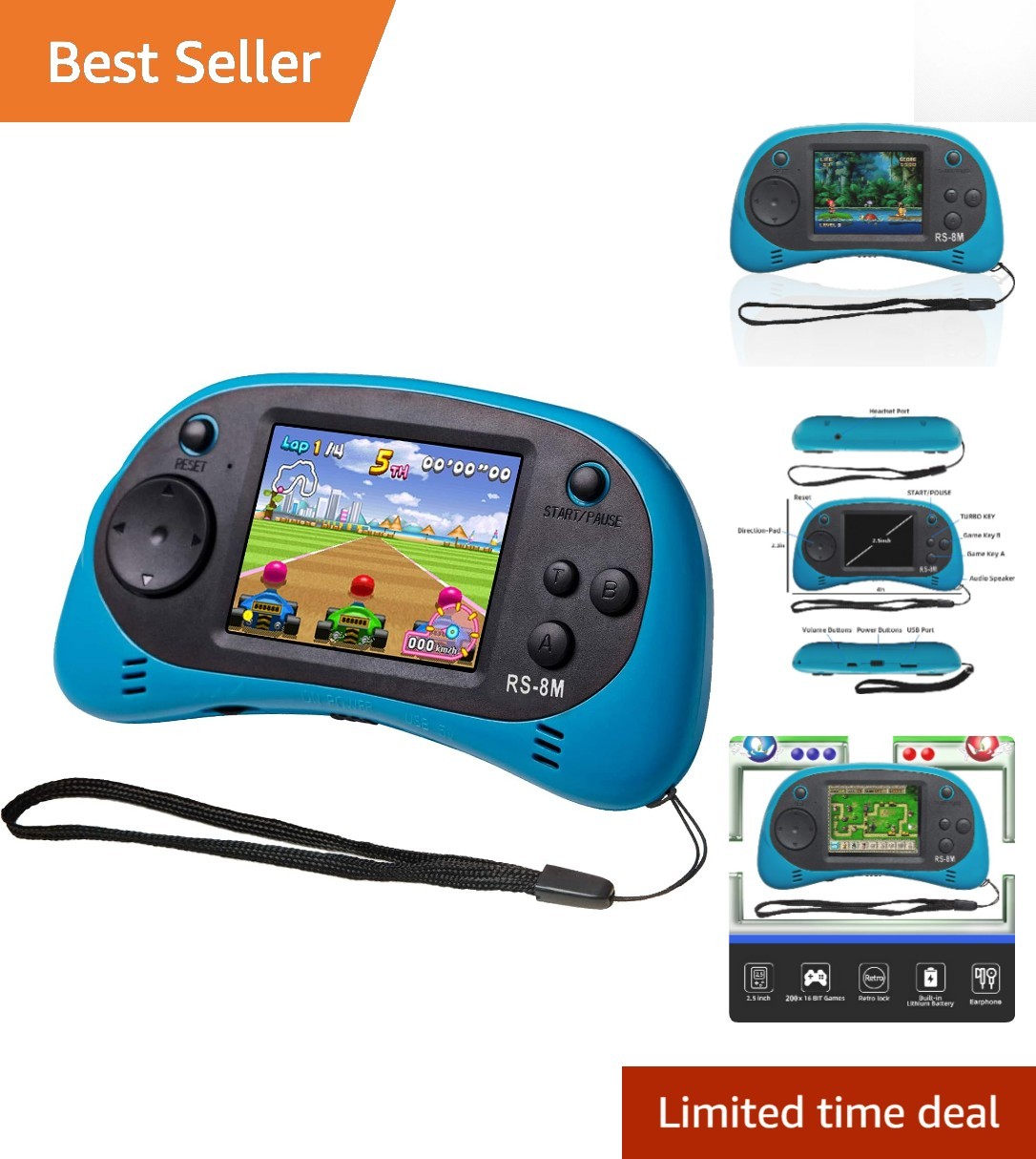 Kids Handheld Portable Video Game Player: 220 Games, 2.5″ LCD Screen in Blue