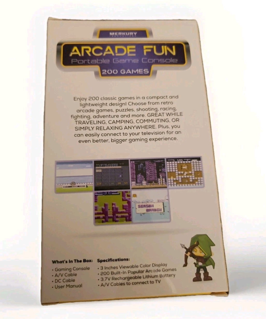 MerkuryInnovations Arcade Game Console 200Games Pur. W/ChrgWires/play Anywhere!
