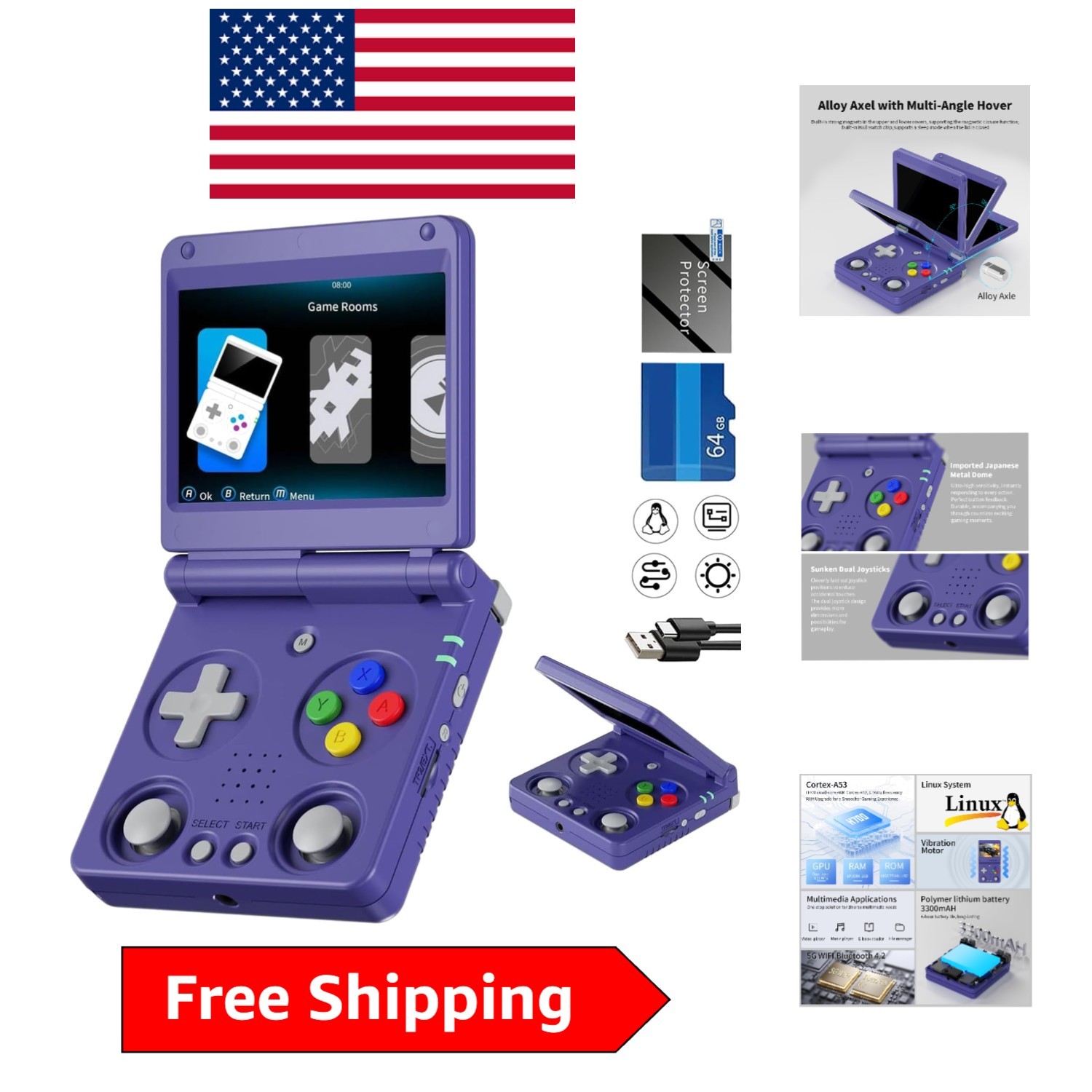 Compact Retro Handheld Game System – 64GB Memory & 3300mAh Lithium Battery Power