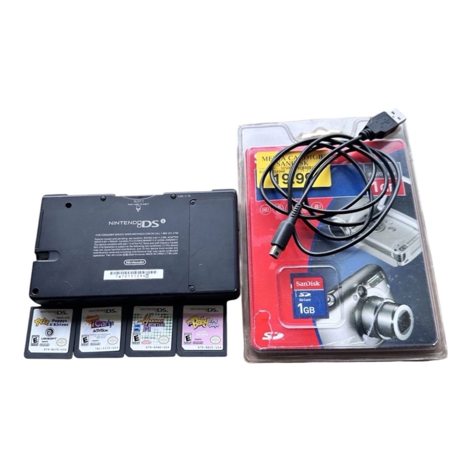 Nintendo DSi Black Bundle TWL-001 – 4 Games, Charger, 1GB SD Card – Tested