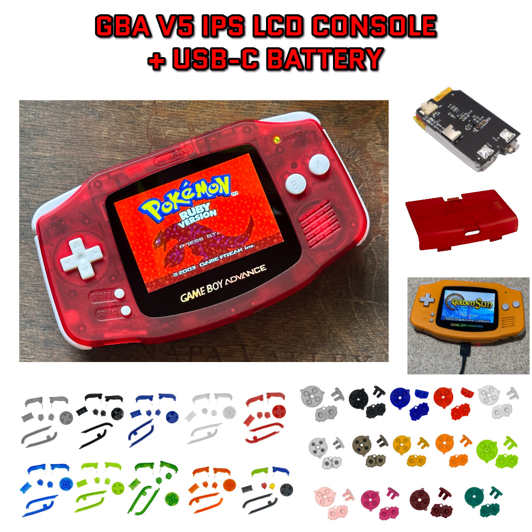 Nintendo Game Boy Advance GBA V5 IPS LCD CLEAR RED USB-C Rechargeable Battery