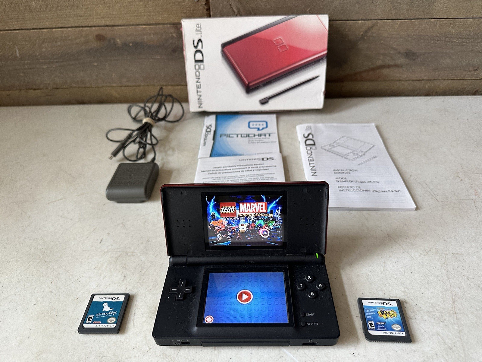 Nintendo DS Lite Red Black Handheld System Console USG-001 + 3 Games Complete