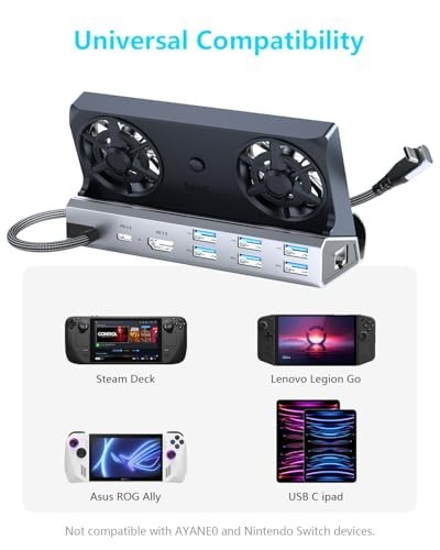 12-in-1 Steam Deck Docking Station with Dual Cooling Fans, 4K@60Hz, 6 USB Ports,