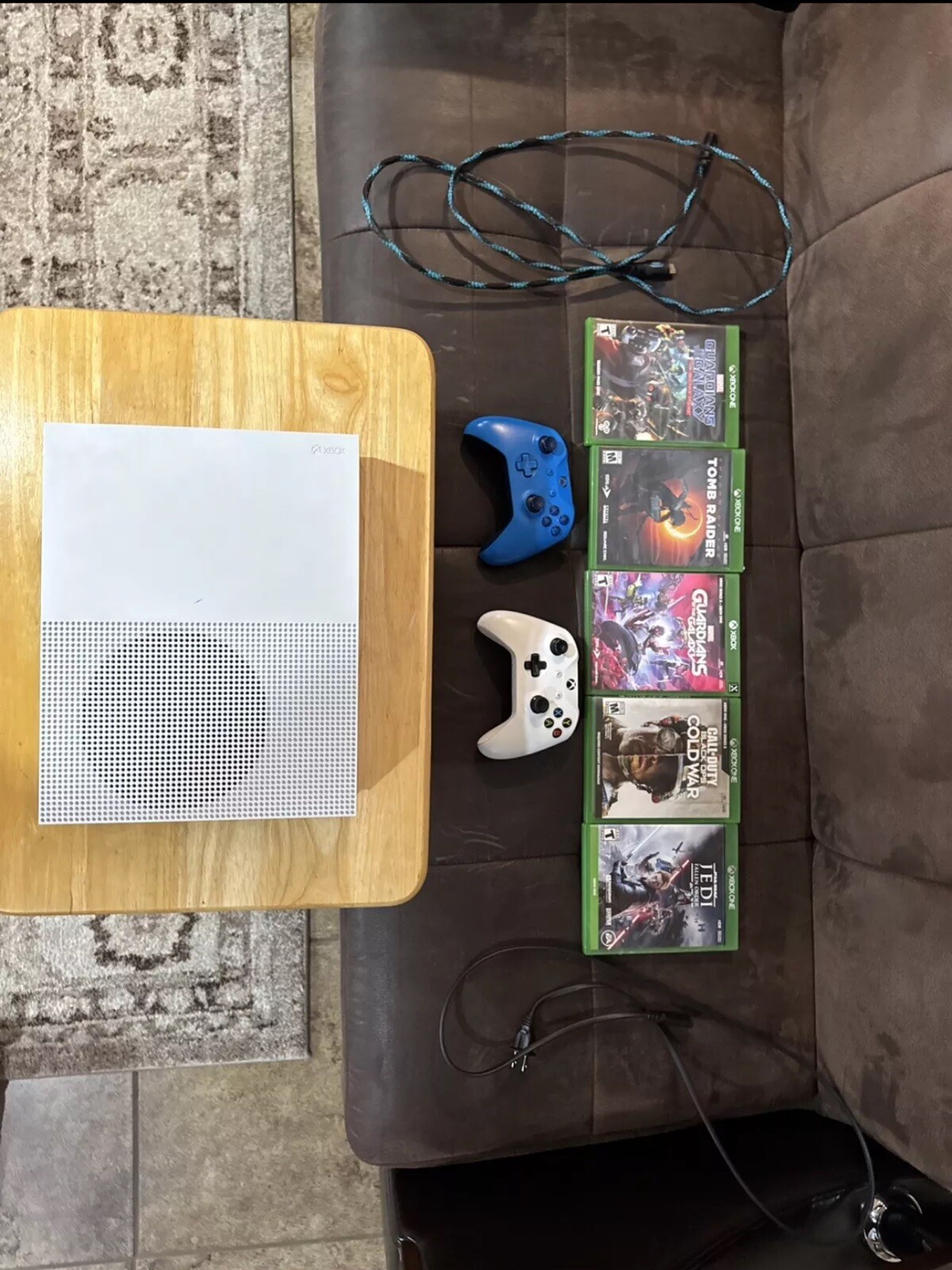 Xbox One S 1TB – White W/ 2 Controllers (1 White, 1 Blue) + 5 Games