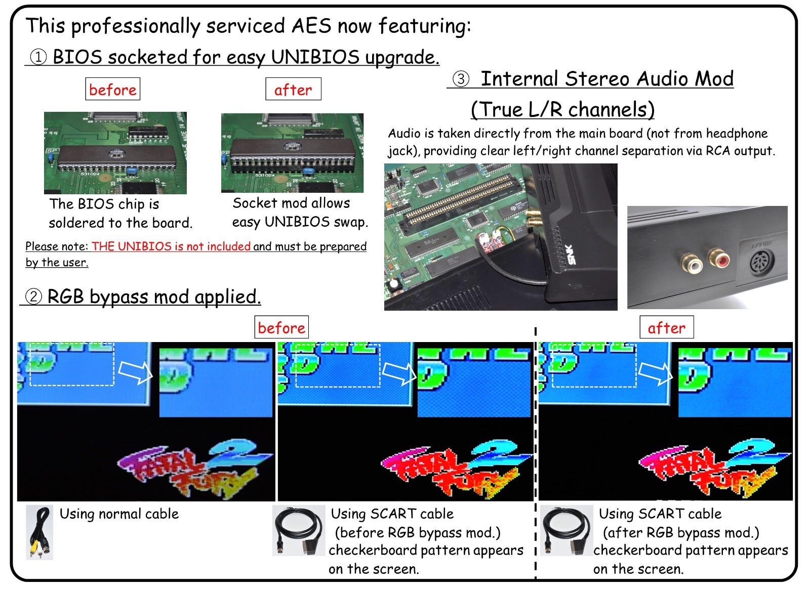NEO GEO AES AES3-5 Stereo Mod, Full Recap, BIOS Socketed, RGB Bypass, YPbPr out