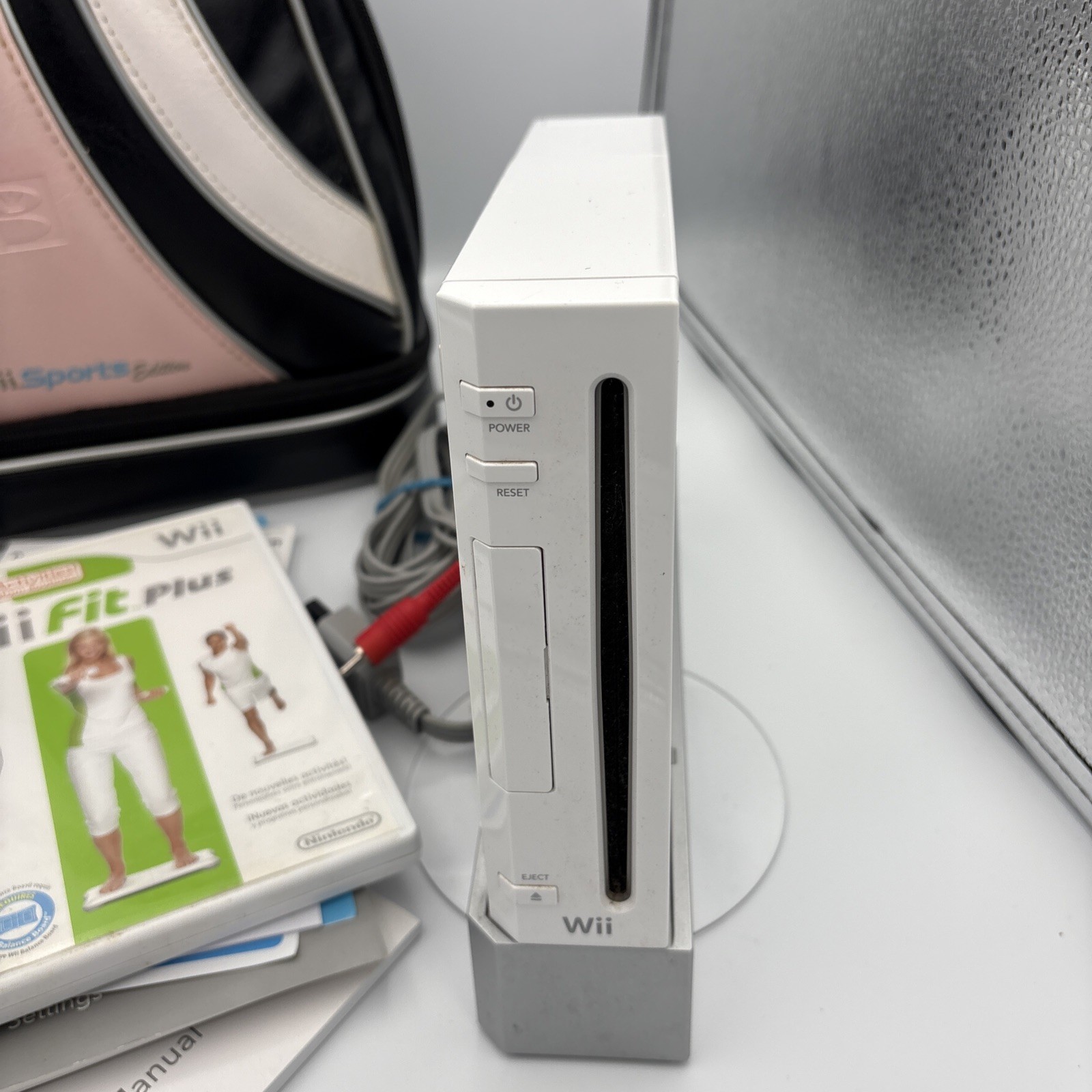 Nintendo Wii RVL-001; Power/Av Cables White; Brunswick Sports Bag Wii Fit Plus
