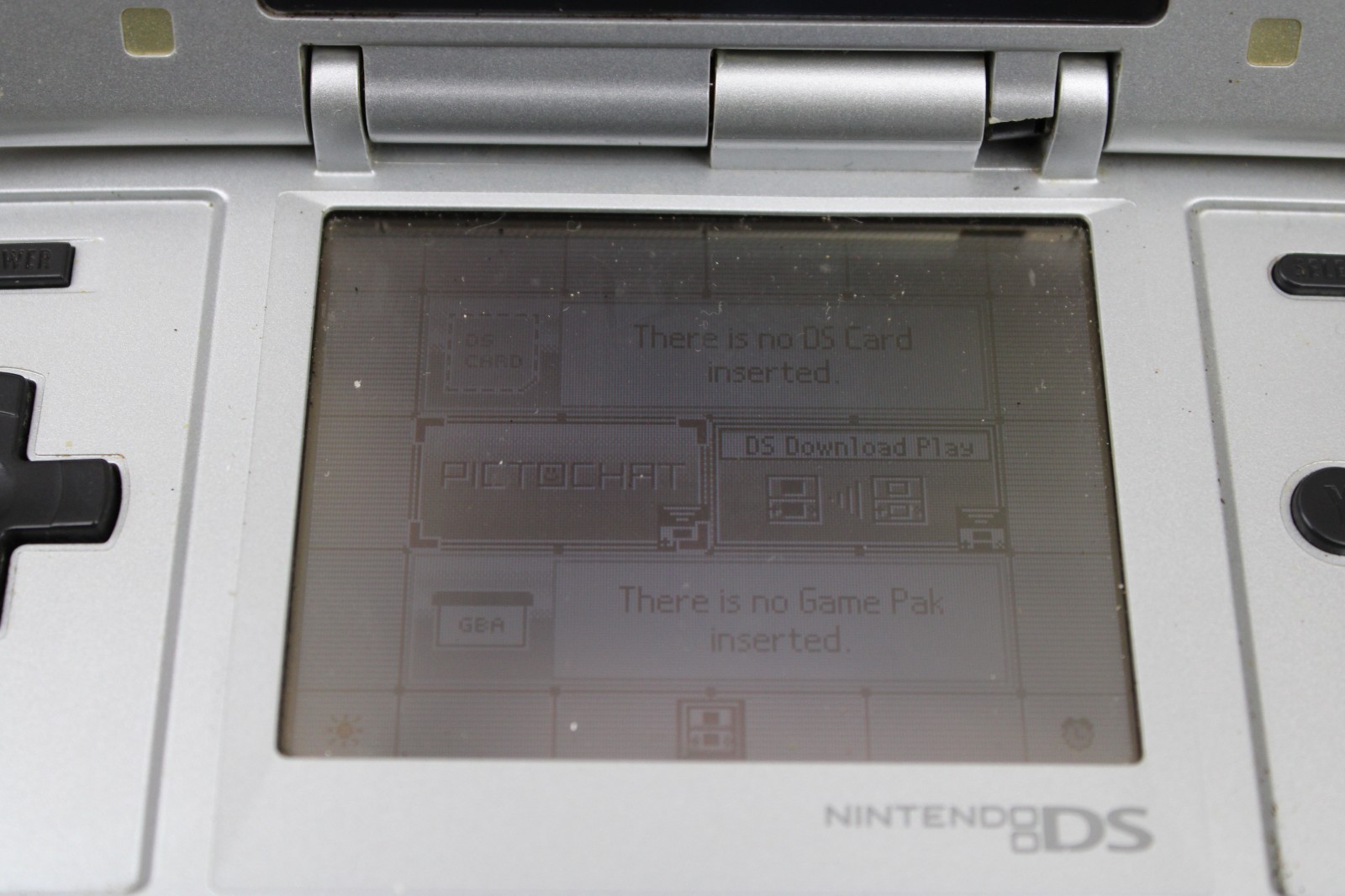 Nintendo DS NTR-001 Console Titanium Silver Tested Works Broken Hinge, Lines