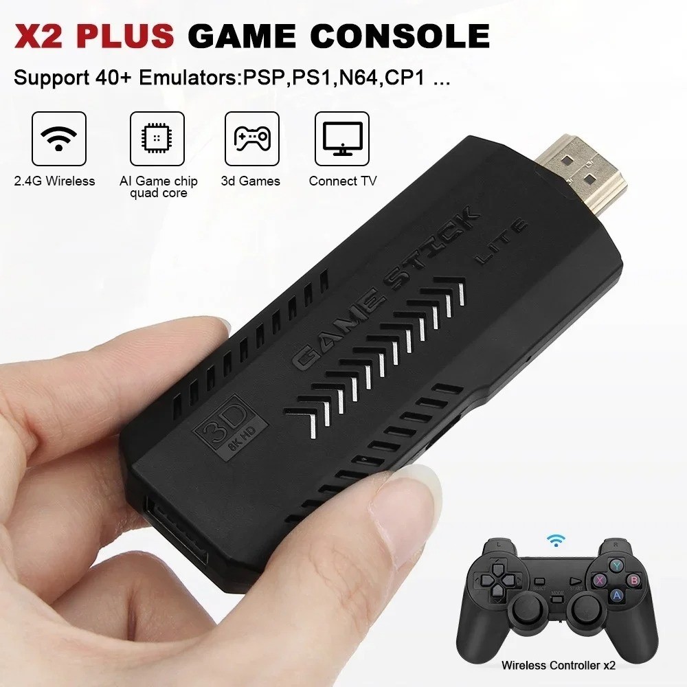 64GB, Wireless 4K Built-in Games HDMI TV Game Stick Console X2 Wireless Gamepad