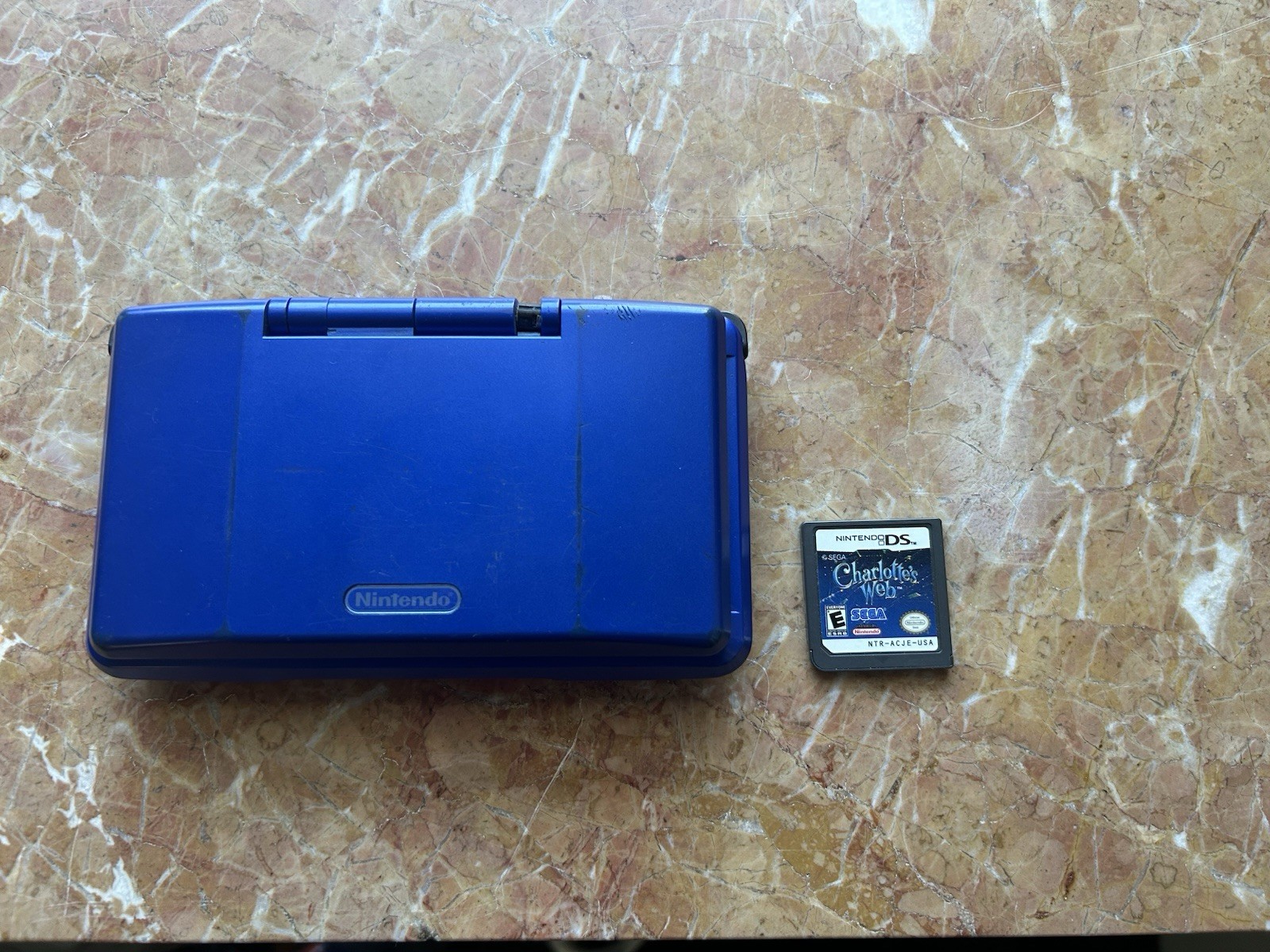 Nintendo DS Cobalt Blue NTR-001 WORKING, BUT BROKEN HINGE NO CHARGER (w/ Game)