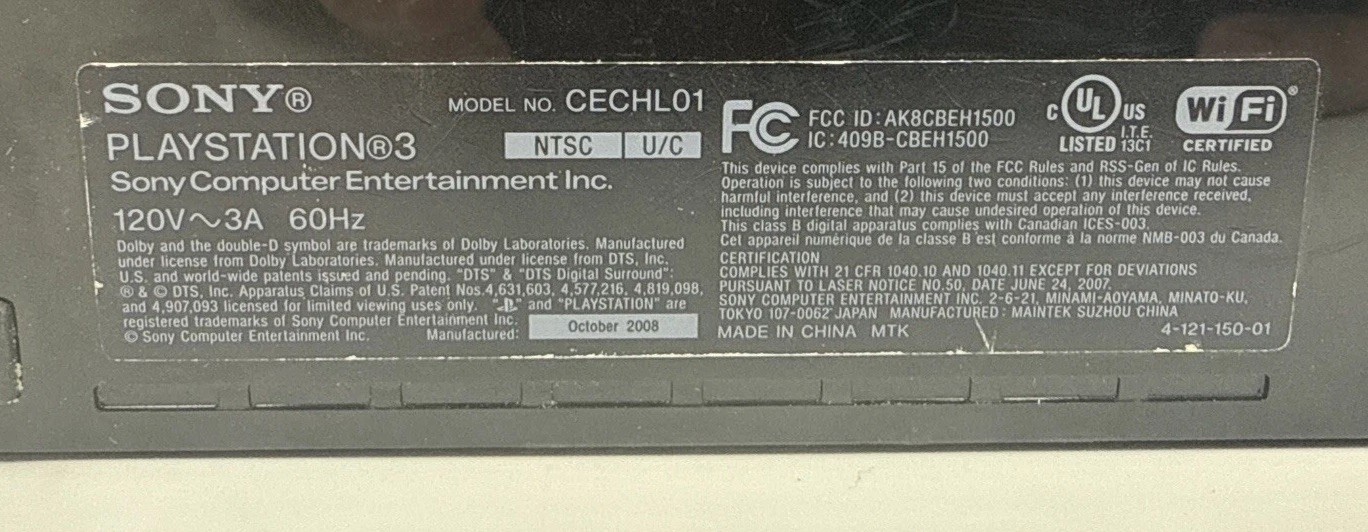 Sony PlayStation 3 Model No. CECHL01 Tested & Working w/ Power, AV Cables