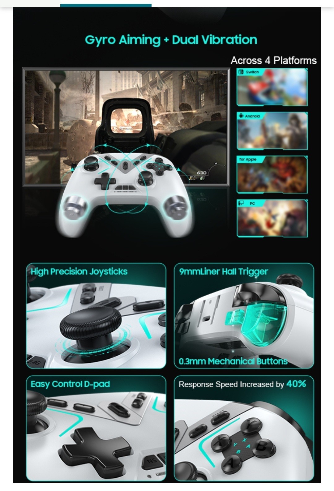 Dual Hall Effect Gaming Controller For PC / Switch Bluetooth / 2.4ghz – White