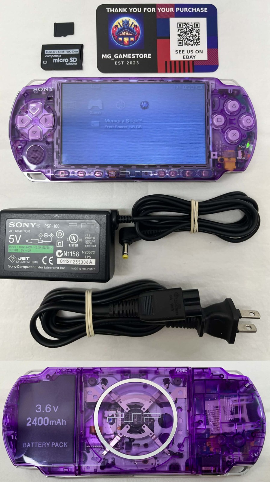 PSP 3000 Clear Purple / New Battery / Genuine Sony Charger / Region Free / 32 GB