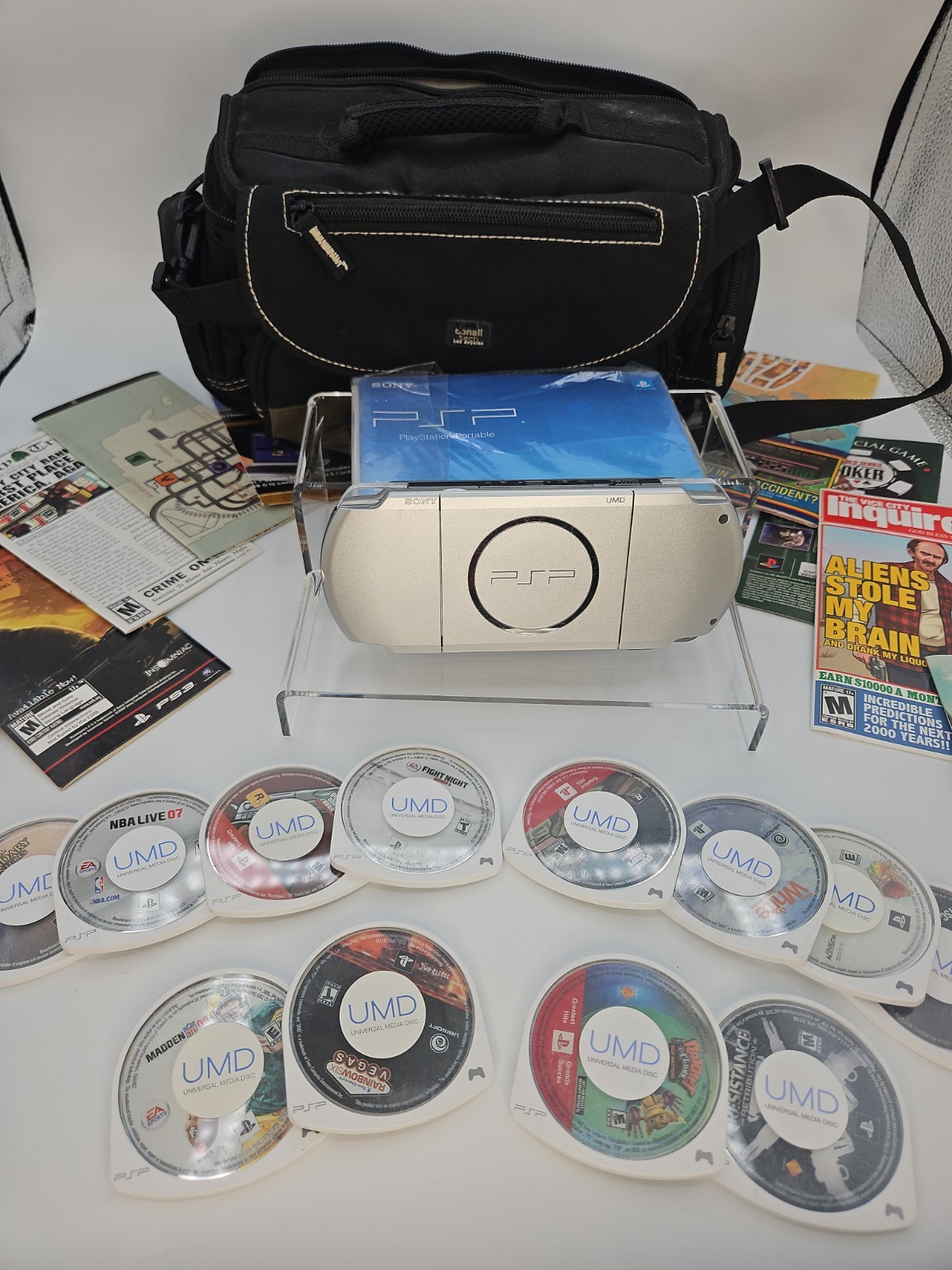 Sony PSP 3001 Silver Portable Handheld Console System Bundle With 12 Games Case