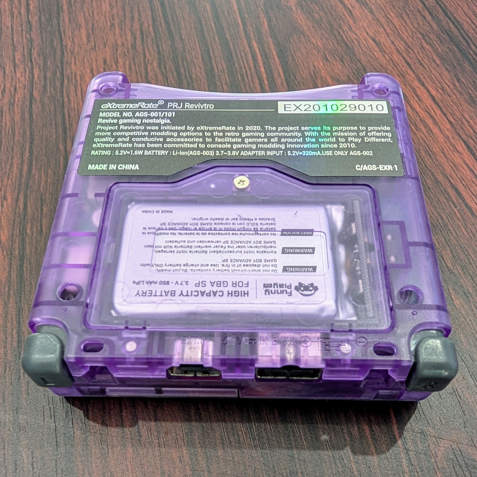Custom GBA SP, IPS Screen, Upgraded Battery, Charger & Case – N64 Purple
