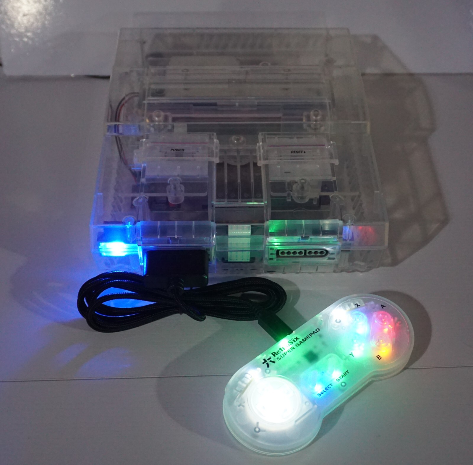 Transparent Clear Super Nintendo SNES Game Console SNS-001 with Blue LED